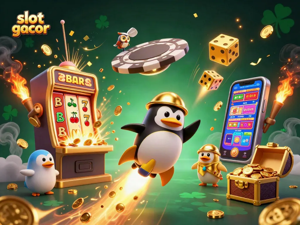 Experience exciting slot gacor action as the golden penguin blasts through space, amid vibrant casino elements.