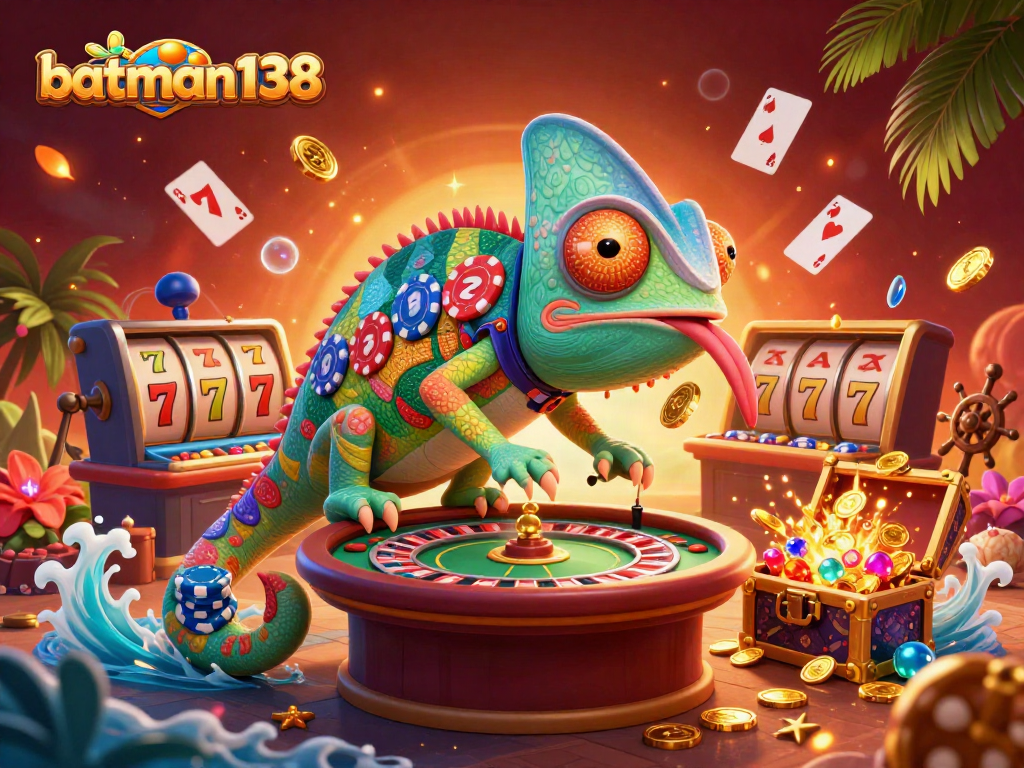 Experience thrilling gameplay at batman138 with an energetic casino scene featuring a chameleon owner and vibrant elements.