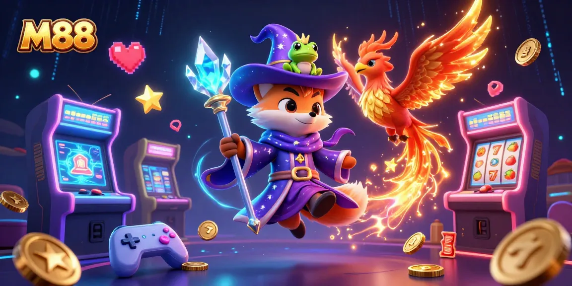 Engage with M88's vibrant casino scene featuring a wizard, phoenix, and gaming elements