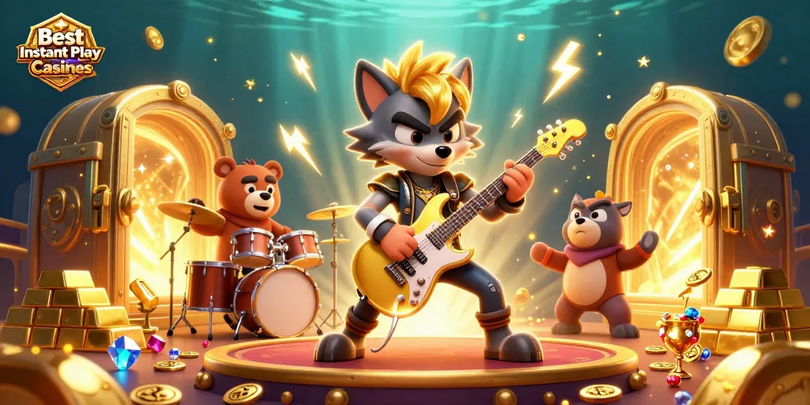 Experience the thrill of Best Instant Play Online Casinos with this vibrant 3D casino scene featuring a rock star wolf.