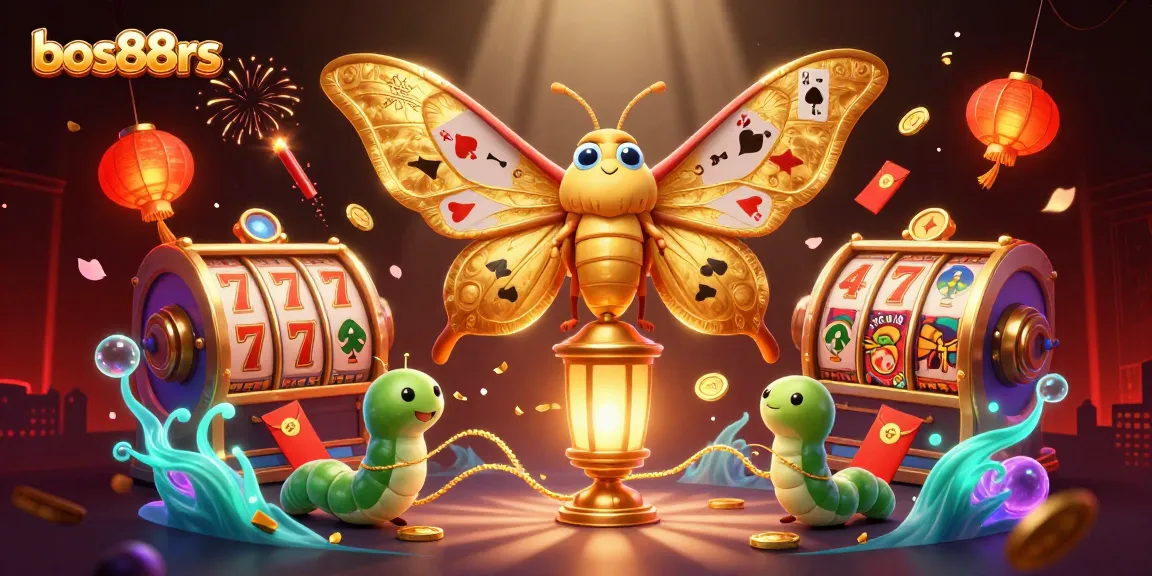 Experience the charm of bos88rs with vibrant slots, magical moths, and festive casino elements.