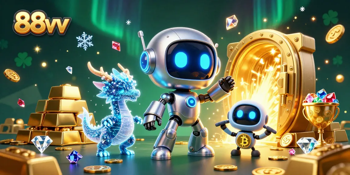 Engage with 88vv's immersive casino experience featuring a cyberpunk robot, a holographic dragon, and gold treasures.