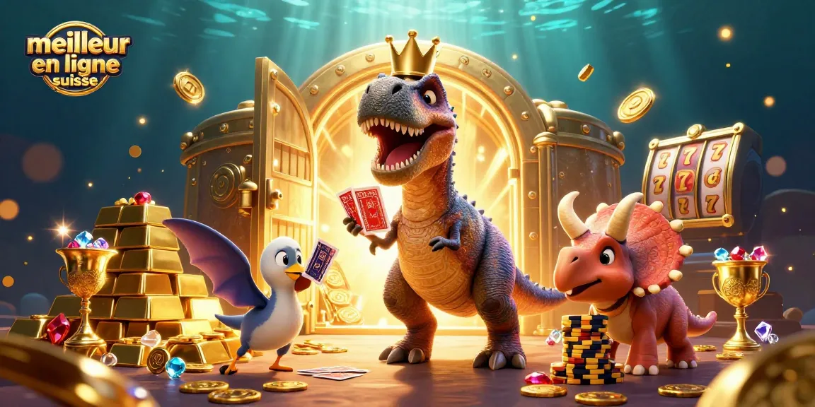 Illustration mettant en scène le meilleur casino en ligne suisse avec un T-Rex jouant aux cartes.