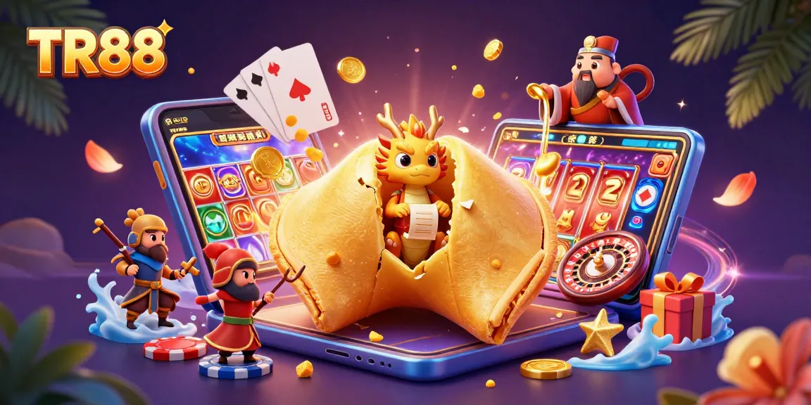 TR88 unleashes excitement with golden fortune cookie magic and vibrant casino games in a rich illustration.