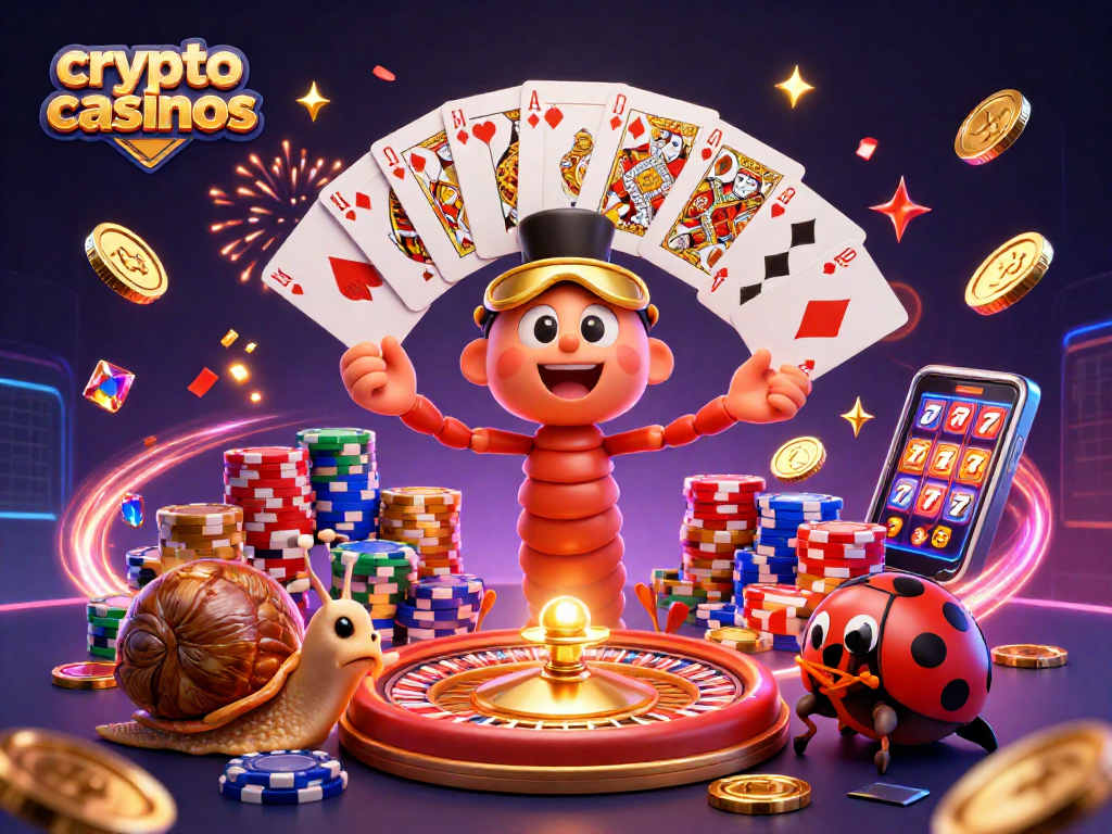 Jouez dans les crypto casinos avec une scène dynamique de croupiers et de jetons brillants.