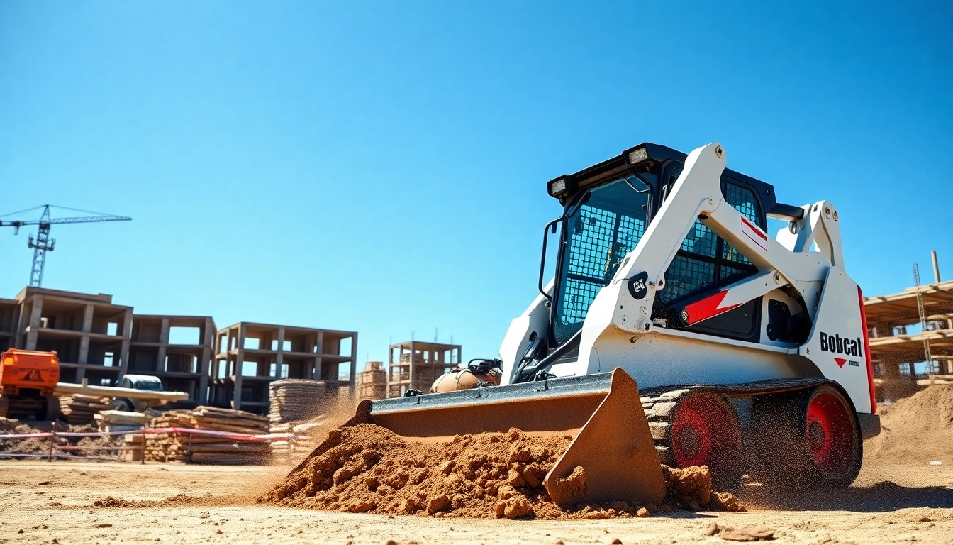 Bobcat maneuvering through construction site, showcasing strength and precision in operation.