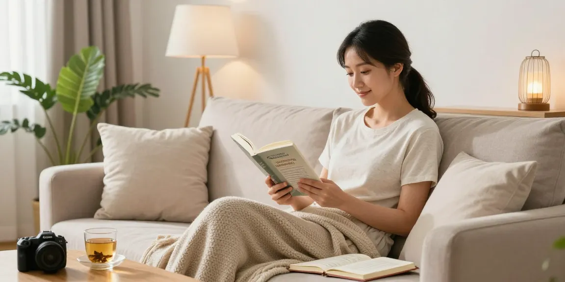 Une femme lisant un livre sur le confort urinaire femme dans un salon paisible