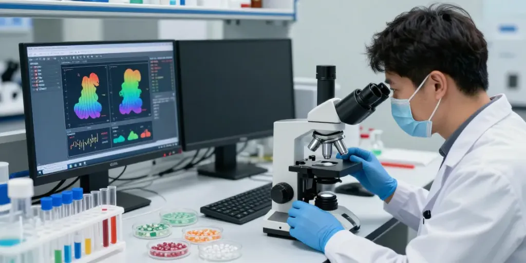 Researcher examining GHK-Cu peptides in a modern lab setting