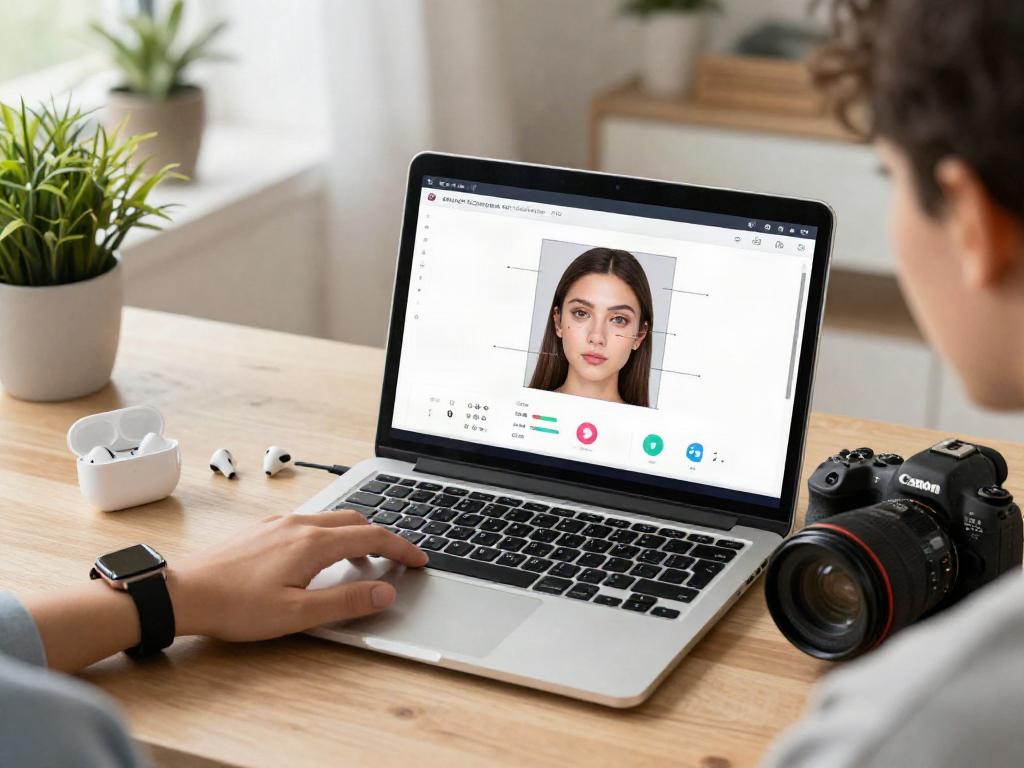User engaging with an attractive test on a laptop, assessing facial beauty metrics in a modern workspace.