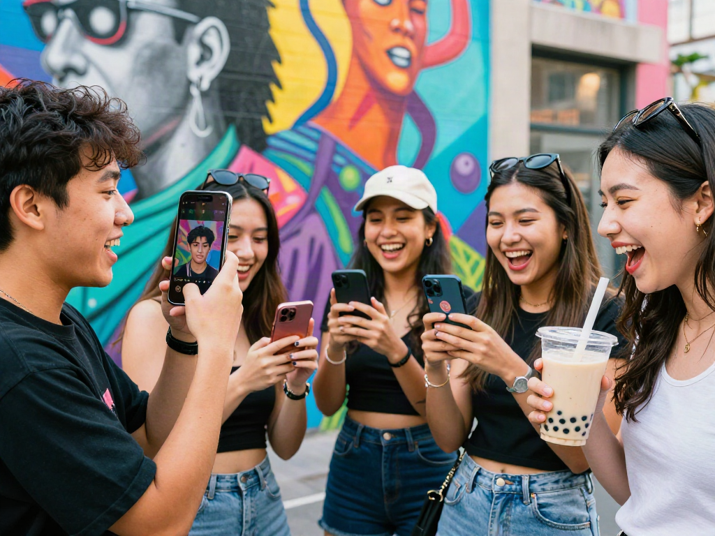 Group of friends using a celebrity look alike app, laughing and enjoying their matches.