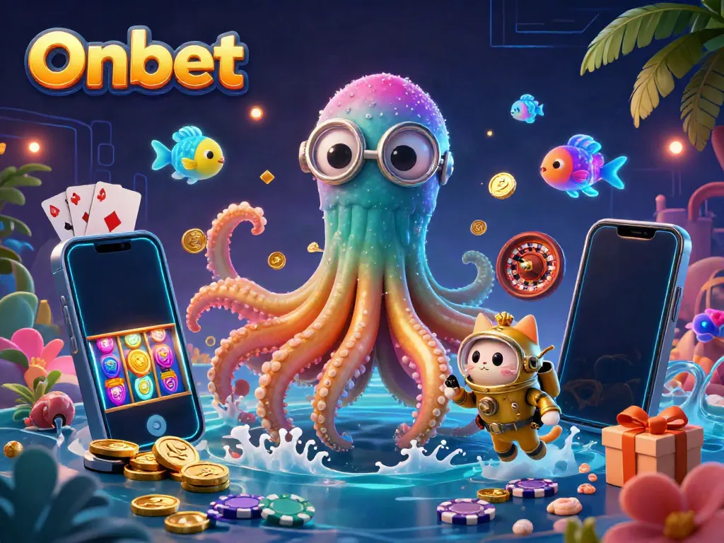 Experience thrilling jackpots on Onbet with a kraken and diving cat amidst a vibrant underwater scene.
