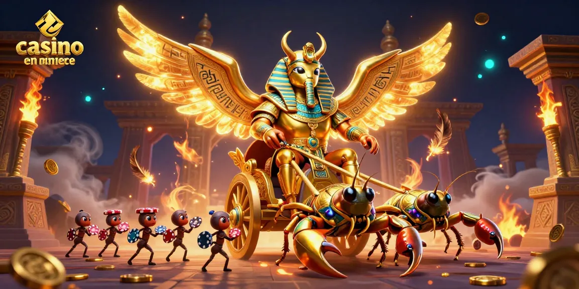 Illustration animée 3D représentant un scarabée doré en armure pharaonique au sein d'un casino en ligne France.