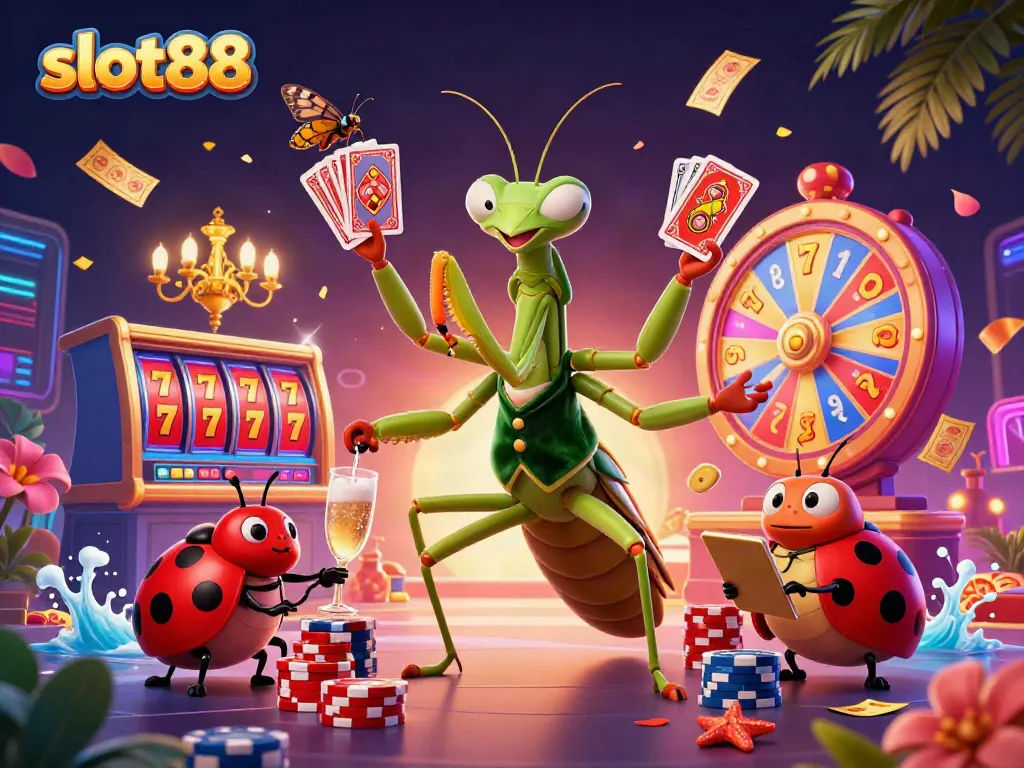 Spin the reels and win with slot88, featuring vibrant jackpot elements in a lively casino scene.