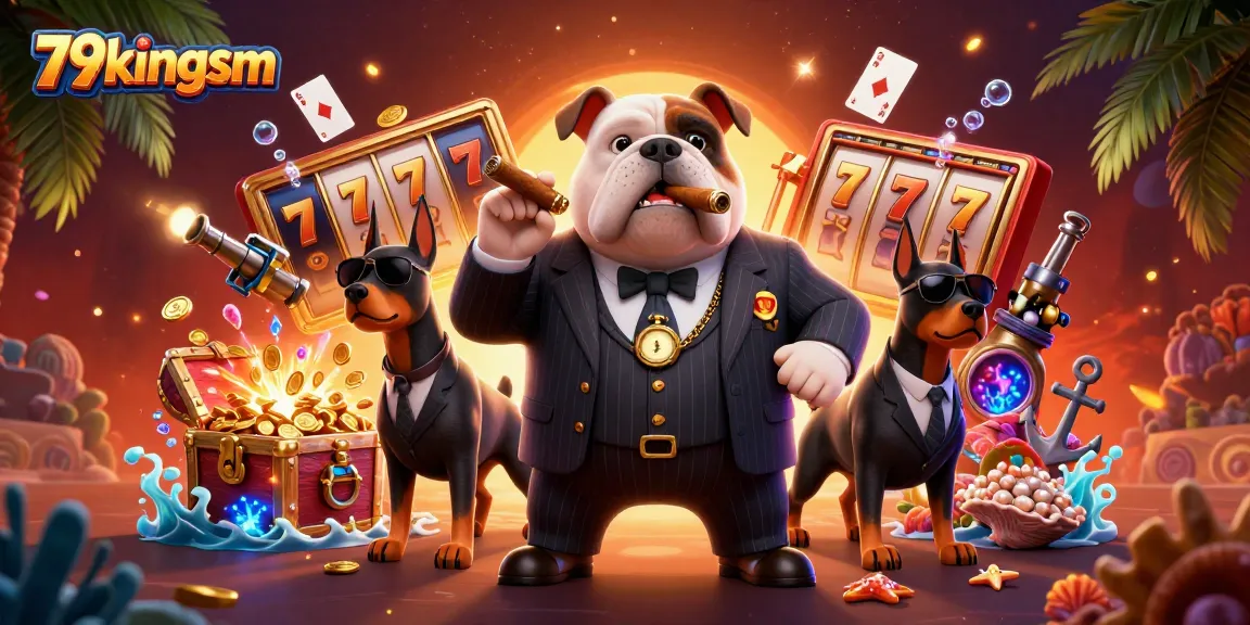 Experience thrilling action at 79kingsm with a vibrant illustration of a casino scene featuring a bulldog and Dobermans.