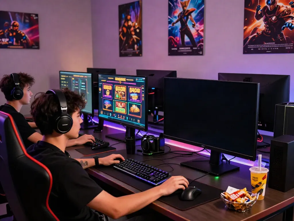 Gamer engaged in slot gacor sessions with vibrant displays and snacks.