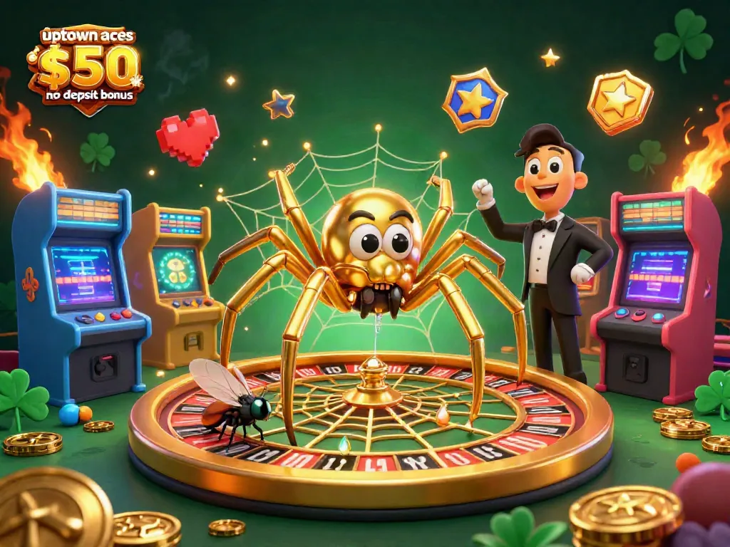 Play with the uptown aces $50 no deposit bonus in a vibrant casino-themed 3D illustration filled with games.