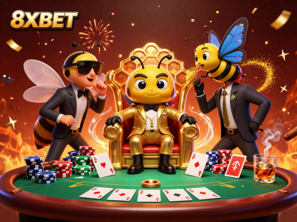 Engage with exciting poker gameplay at 8XBET featuring dynamic 3D characters and vibrant casino elements.