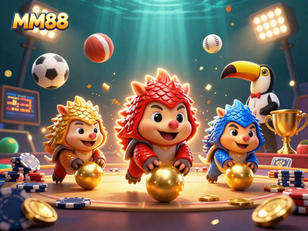 Experience thrill and excitement at MM88 as rival pangolins bowl among poker chips and sports elements.