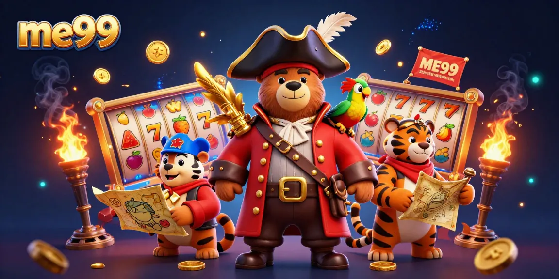 Experience thrilling ME99 slots adventure with unique characters and vibrant elements in a dynamic casino scene.