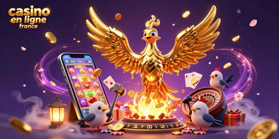 Illustration captivante de casino en ligne France avec une phénix en or, des pièces et un smartphone de jeu.