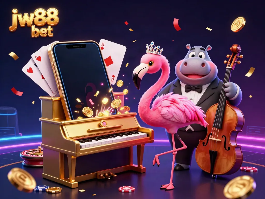 Experience excitement with jw88 bet illustrated by a flamingo singer and hippo bassist amid slot gaming elements.