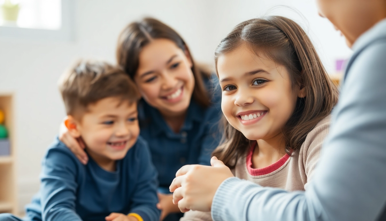 Engaging ABA therapy in Troy session with a therapist and children showcasing positive interaction.