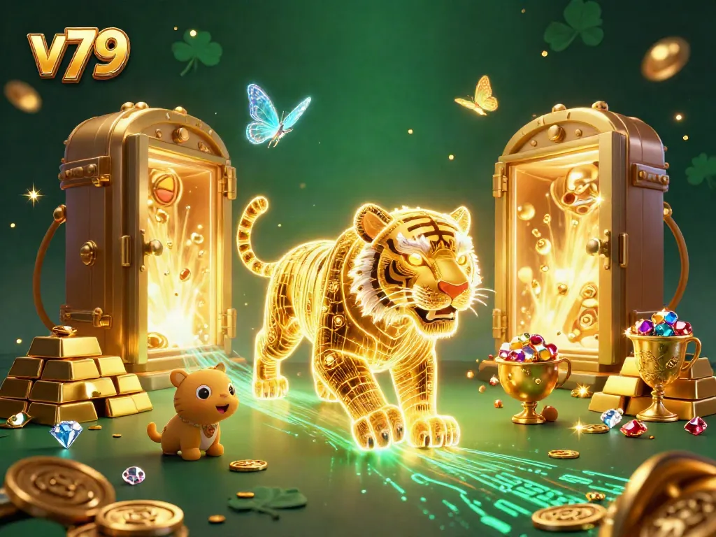 Experience vibrant gaming at V79 with a neon golden tiger and treasure in a dazzling casino.