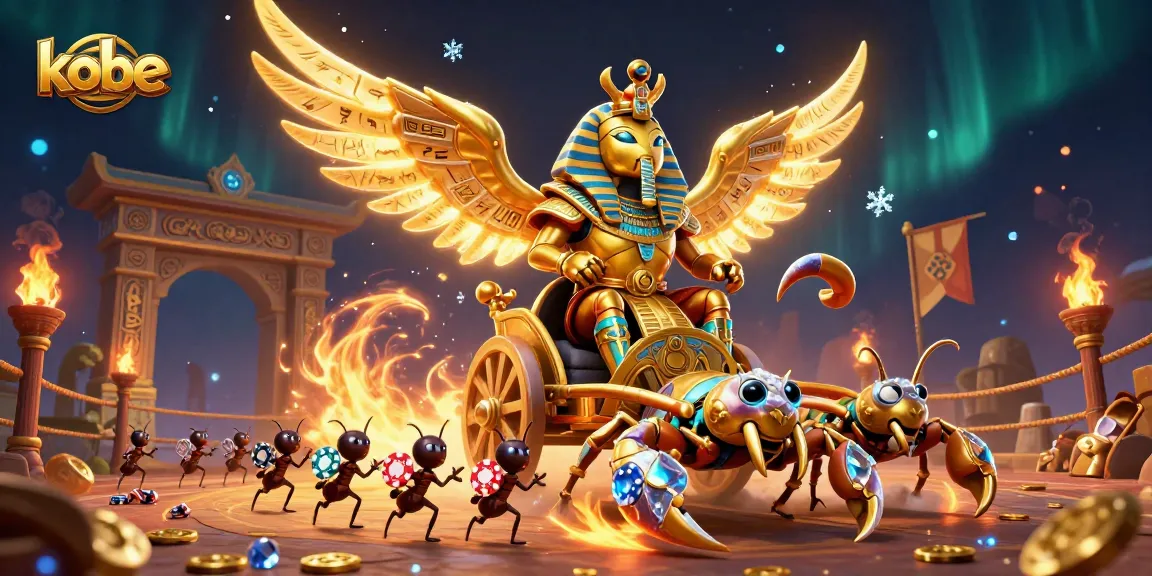 Kobe showcases a colorful scene with a golden scarab and scorpions amid casino elements.