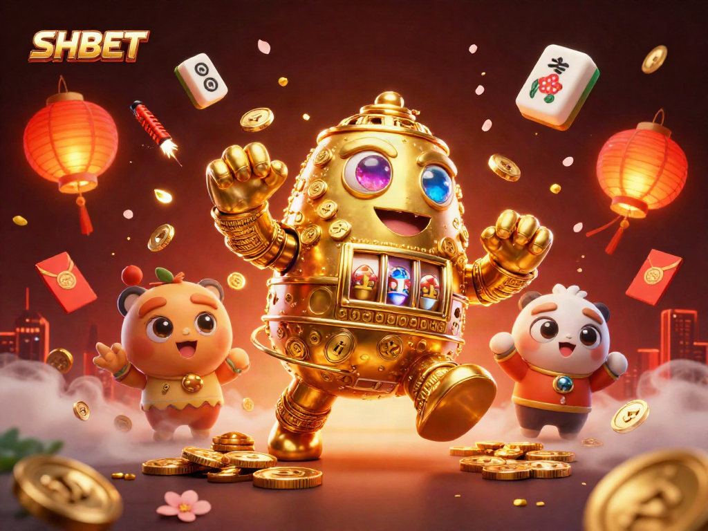 Experience SHBET's thrilling gaming world with a golden golem and festive elements.