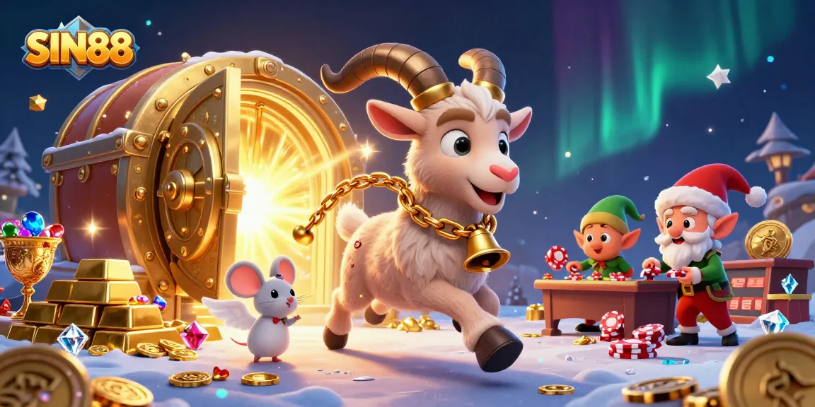 SIN88 showcases a thrilling casino scene with Krampus, angel mouse, and elf gremlins amidst gold and gems.