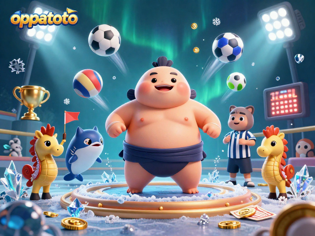 Experience oppatoto's dynamic underwater scene featuring a blowfish in a sumo belt and sport-themed elements.