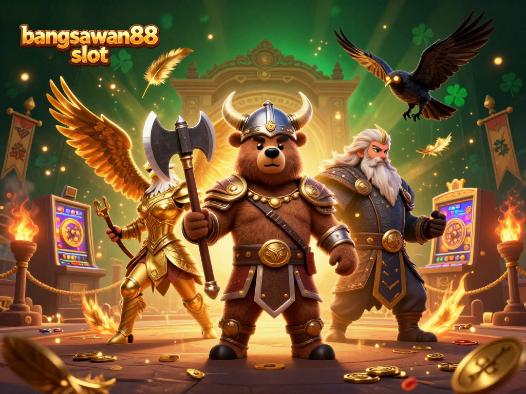 Engage with bangsawan88 slot featuring dynamic Viking berserker and Valkyrie in a captivating casino scene.