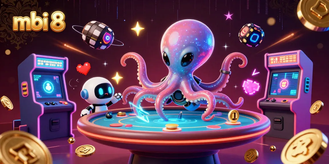 Experience vibrant gaming excitement at mbi 8 with an alien octopus and interactive poker elements.