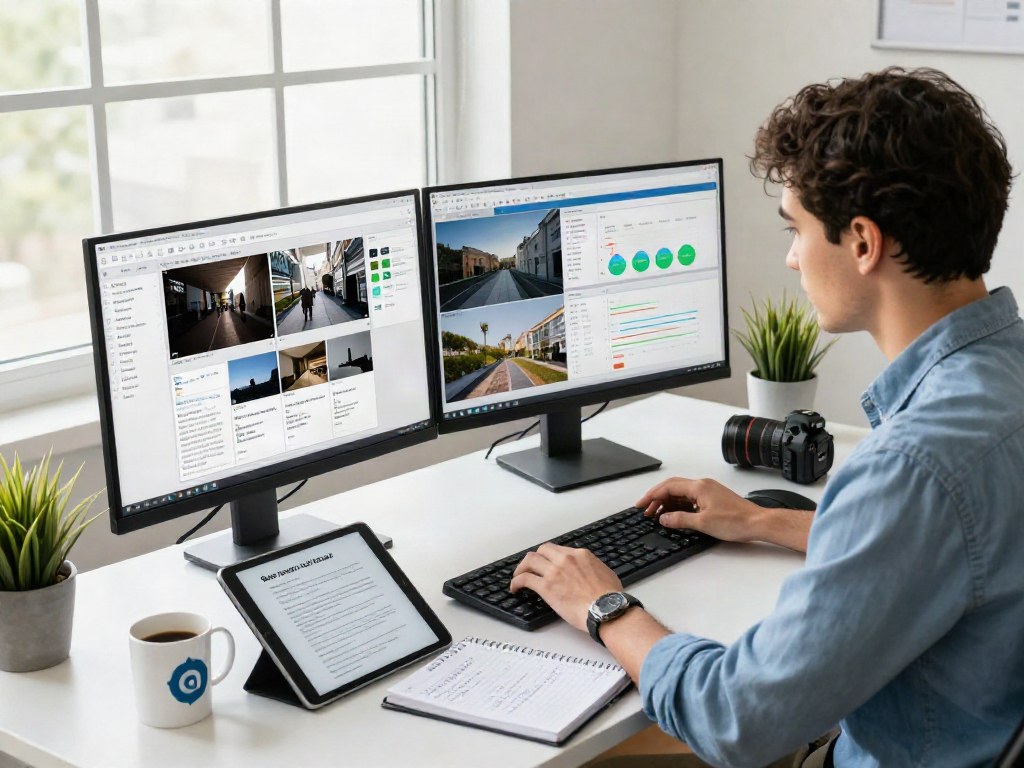 Data analyst using AI image detection tools in a modern office environment.