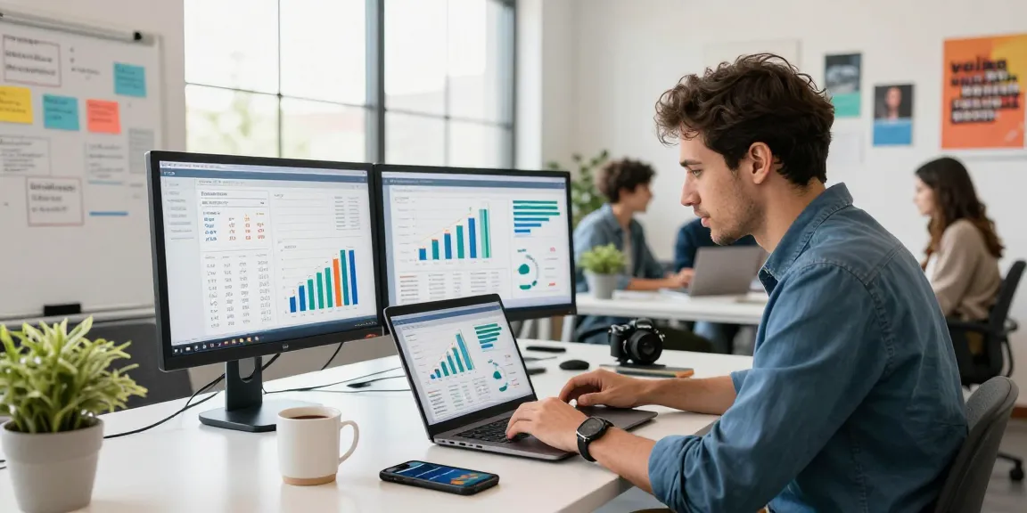 Entrepreneur analyzing market validation for startup in a dynamic workspace with data displays and collaboration.