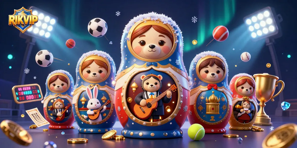 Engage with RIKVIP through a colorful 3D scene showcasing festive bears and dynamic gaming elements.