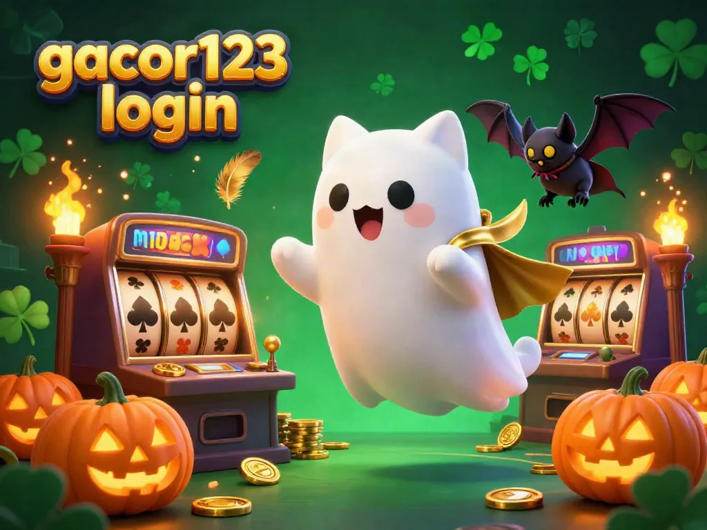 Experience gacor123 login with a whimsical ghost cat and vampire bat in a vibrant casino setting.