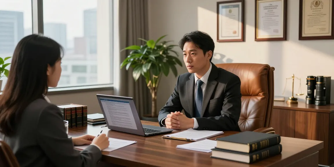 Lawyer consulting with client about legal cases in a modern office, index of legal services visible.
