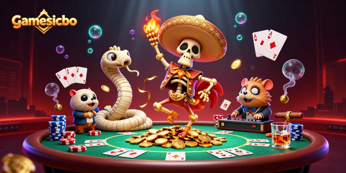 gamesicbo showcases a dynamic victory dance at the casino with vibrant characters and gold coins.