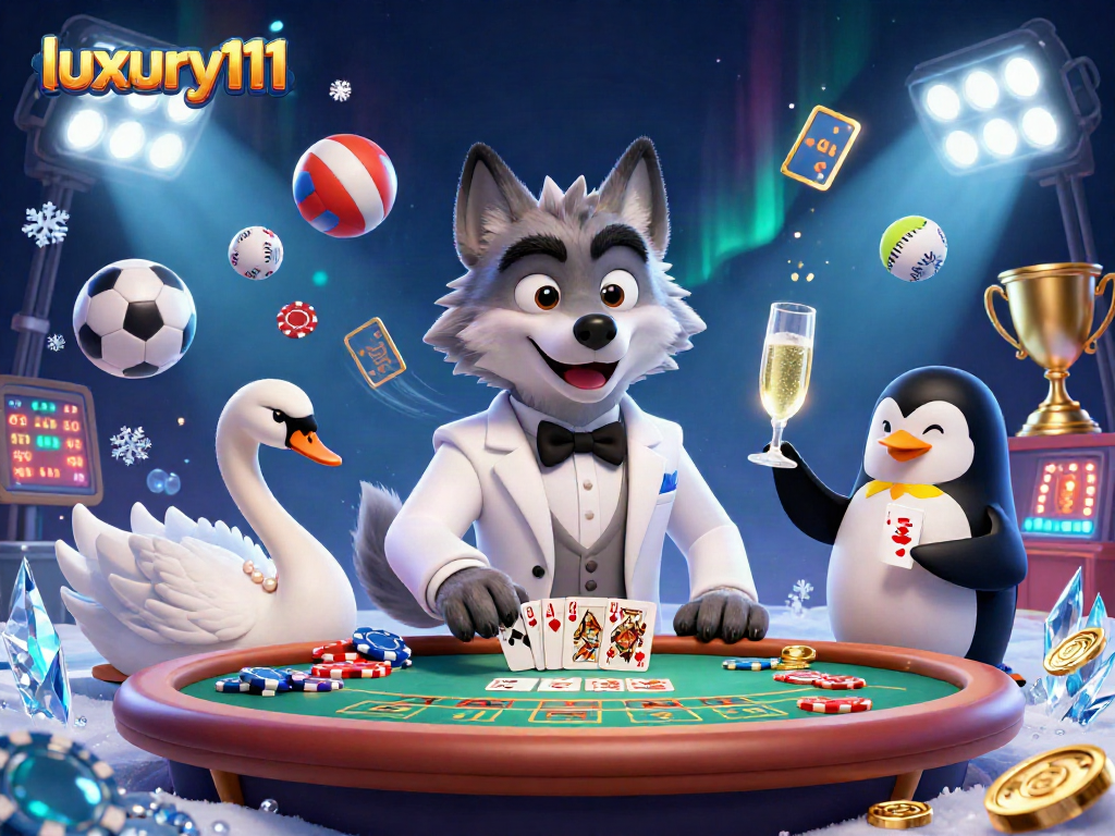Experience the excitement of luxury111 with a debonair wolf, elegant swan, and sophisticated penguin at the casino.