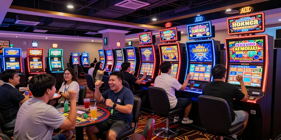 Pengalaman bermain slot gacor di kasino yang meriah dengan pemain merayakan kemenangan.