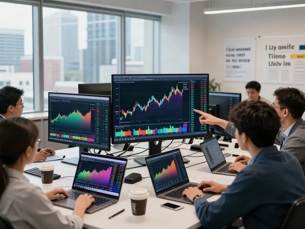 Collaborative trading team analyzing TradingView charts in a modern office setting.